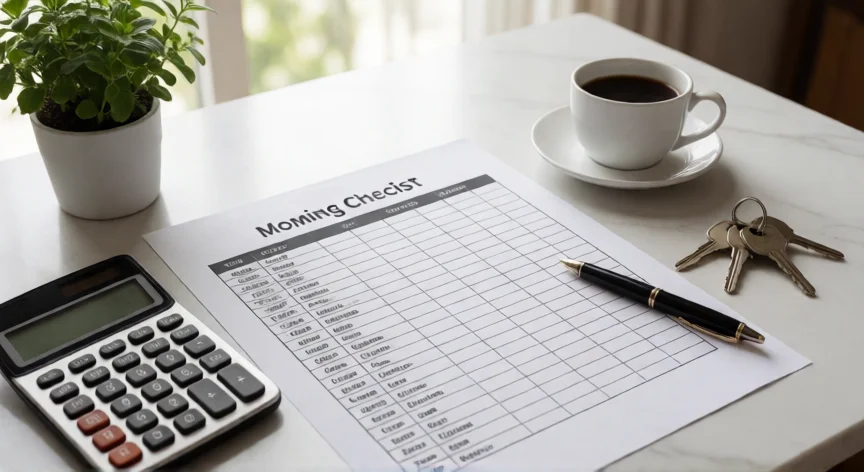consejos para hacer una mudanza, Mesa con lista de comprobación de mudanza, calculadora y llaves de la nueva vivienda
