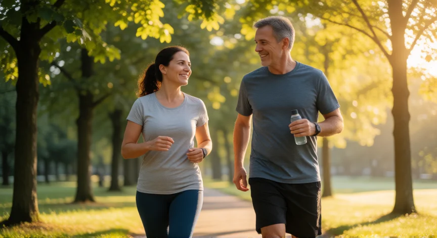 consejos para higado graso, Pareja haciendo caminata matutina por un parque arbolado con luz dorada