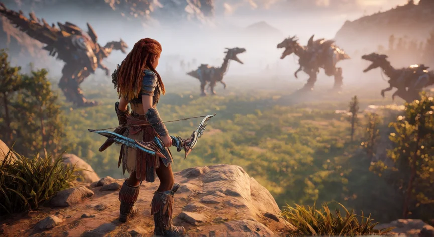 consejos para horizon zero dawn, Aloy con su arco en un acantilado mirando máquinas al horizonte en Horizon Zero Dawn
