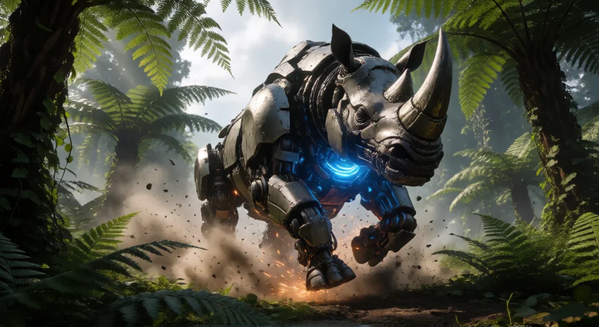 consejos para horizon zero dawn, Máquina Rhinoceros cargando por el bosque en una escena de combate de Horizon Zero Dawn