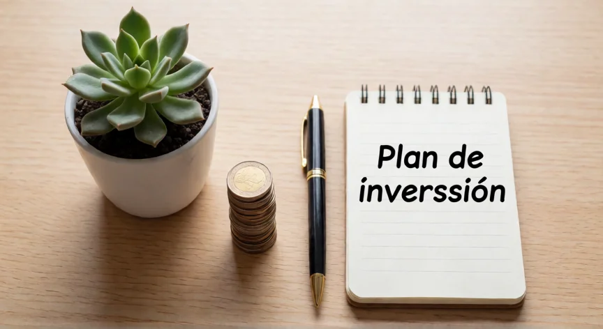 consejos para invertir en bolsa, Monedas apiladas junto a una nota con el plan de inversión y una pequeña planta