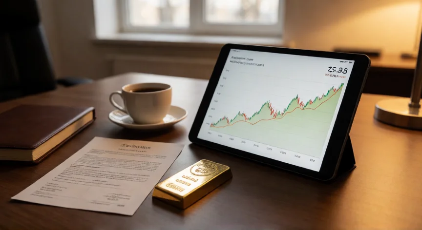 consejos para invertir en oro, Lingote de oro de 100 gramos y tablet con gráfico de precio sobre escritorio de oficina