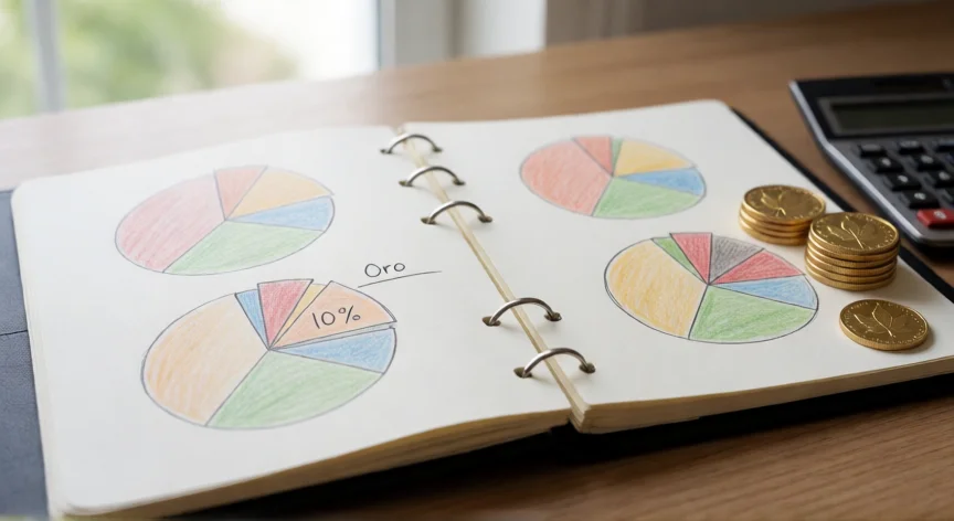 consejos para invertir en oro, Cuaderno de inversiones con gráfico de diversificación y monedas de oro de inversión sobre mesa
