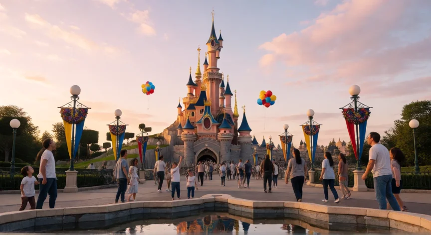 Castillo de Disneyland París al atardecer con familias paseando en la explanada principal