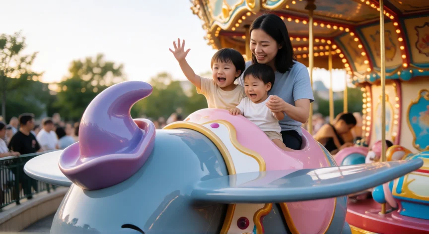 consejos para ir a disneyland paris, Familia disfrutando de la atracción Dumbo en Fantasyland, Disneyland París
