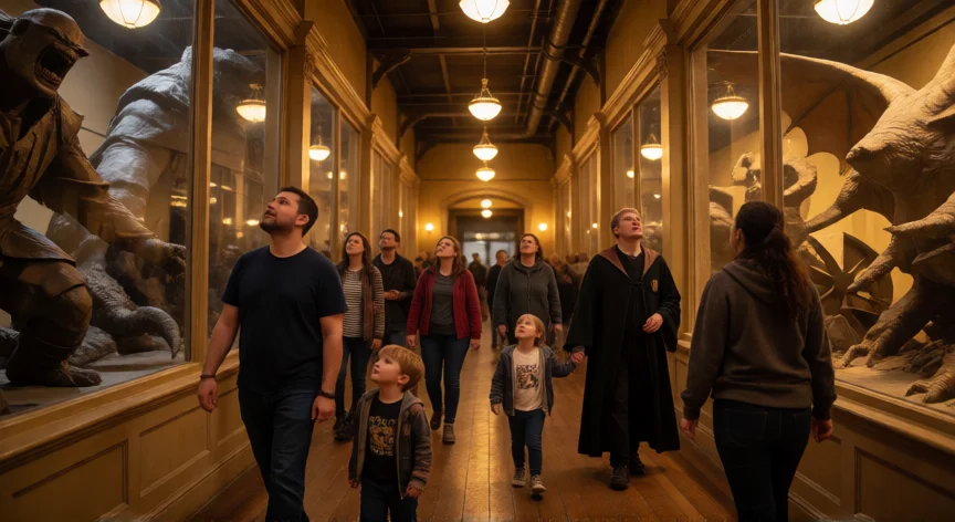 consejos para ir a la warner, Visitors walking through a Warner Bros studio tour hallway with movie props