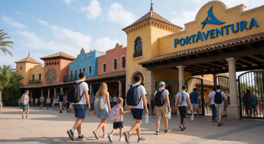 consejos para ir a port aventura, Familia entrando a PortAventura por la puerta principal en un día soleado