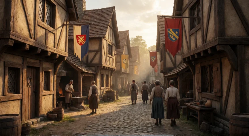 consejos para ir a puy du fou, Calle medieval empedrada en Puy du Fou con casas de madera y trabajadores en época medieval