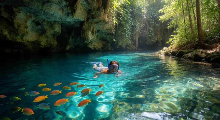 consejos para ir a xel ha, Snorkel en el río subterráneo turquesa de Xel Ha con peces tropicales