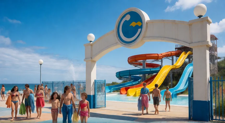 consejos para ir al aquopolis, Entrada del parque acuático Aquopolis en Getxo con toboganes de colores y familias al fondo