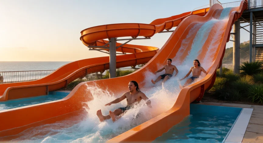 consejos para ir al aquopolis, Visitantes disfrutando de un tobogán acuático al atardecer junto al mar Cantábrico en Aquopolis