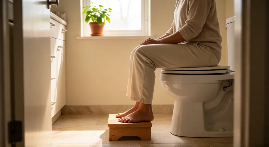 consejos para ir al baño, Persona en postura correcta con taburete bajo los pies en el baño
