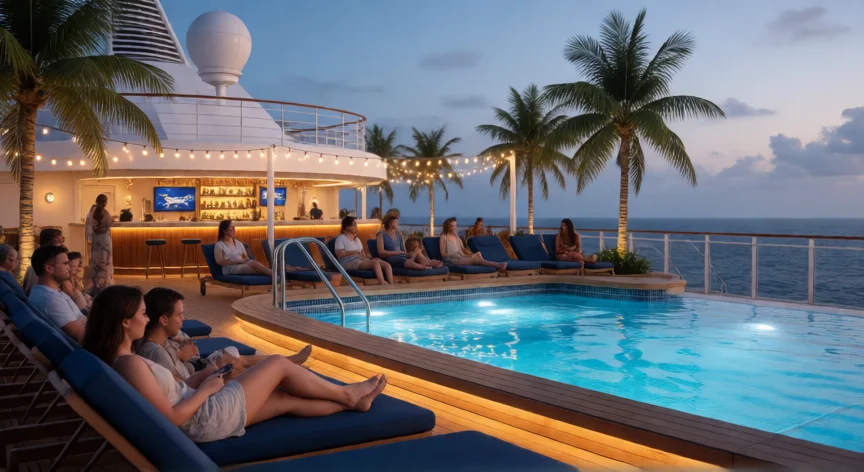 consejos para ir de crucero, Zona de piscina y lounge en cubierta de un crucero al atardecer