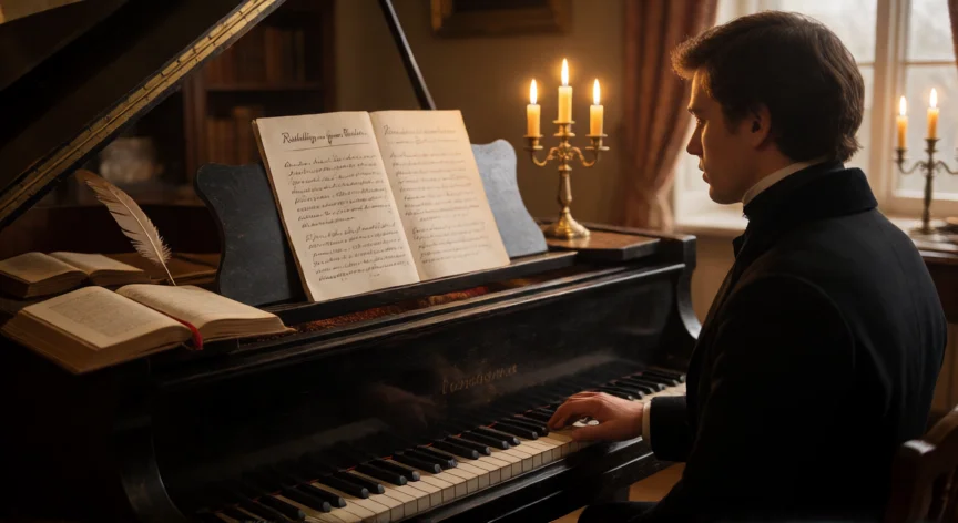 consejos para jovenes musicos schumann pdf, Joven pianista romántico ante un piano de cola con manuscrito de Schumann en el atril