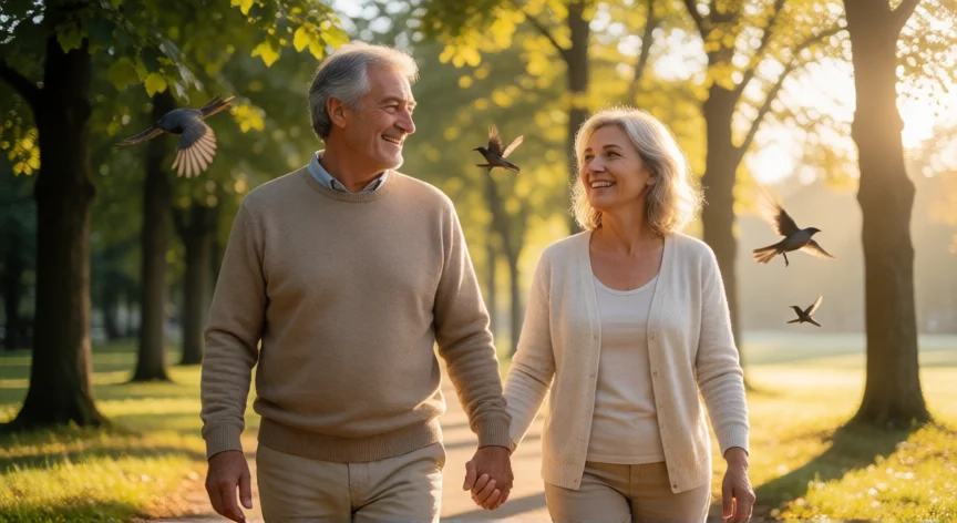 consejos para jubilados, Pareja jubilada paseando por un parque al amanecer sonriendo