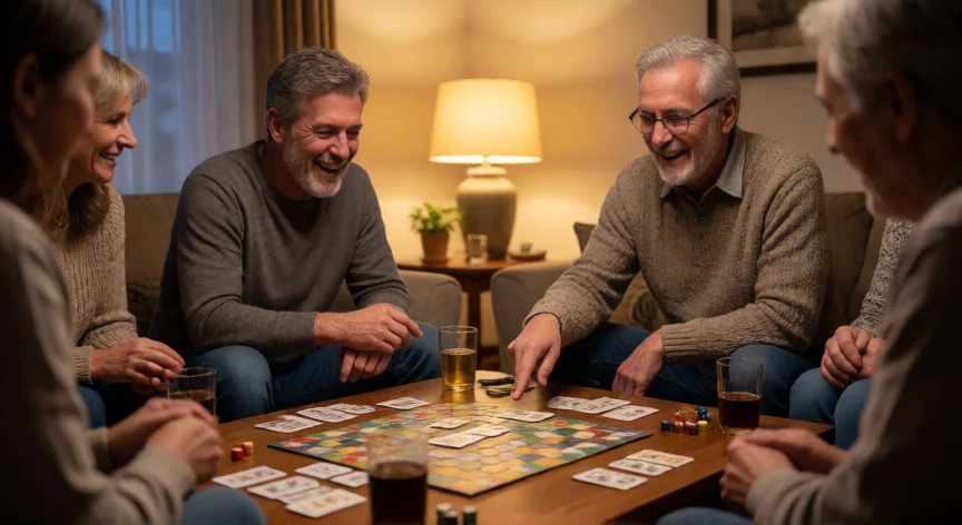 consejos para jugar 40, Grupo de amigos de 40 años jugando a cartas y juegos de mesa en un salón