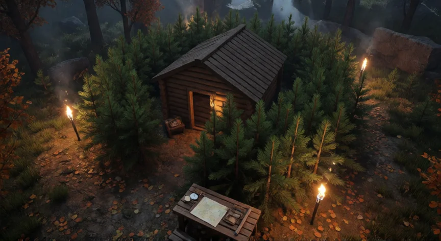 consejos para jugar 99 noches, Base con muro de retoños y antorchas al atardecer en 99 Nights in the Forest