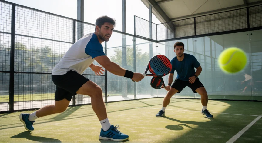consejos para jugar al padel, Jugadores de pádel ejecutando un drive en pista acristalada