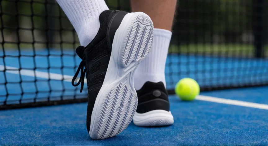 consejos para jugar al padel, Zapatillas de pádel con suela herringbone sobre pista azul sintética
