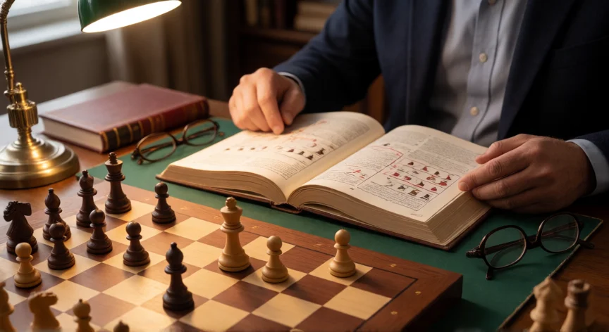 consejos para jugar bien al ajedrez, Jugador de ajedrez estudiando una partida en un libro de finales con tablero al frente