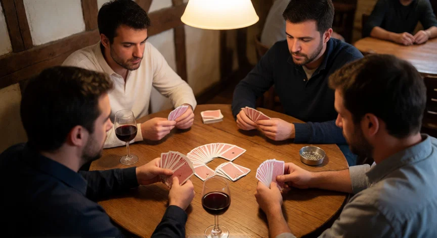 consejos para jugar bien al mus, Cuatro jugadores jugando al Mus en una mesa de madera con baraja española