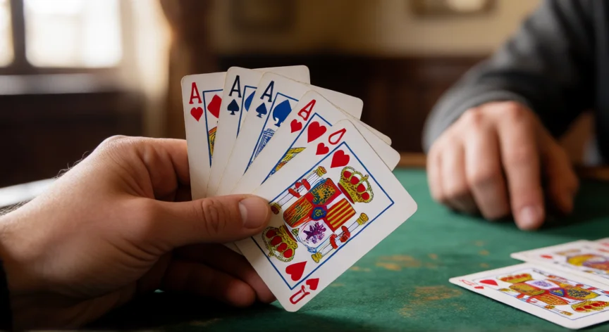consejos para jugar bien al mus, Mano sosteniendo cinco cartas de la baraja española sobre mesa de fieltro verde