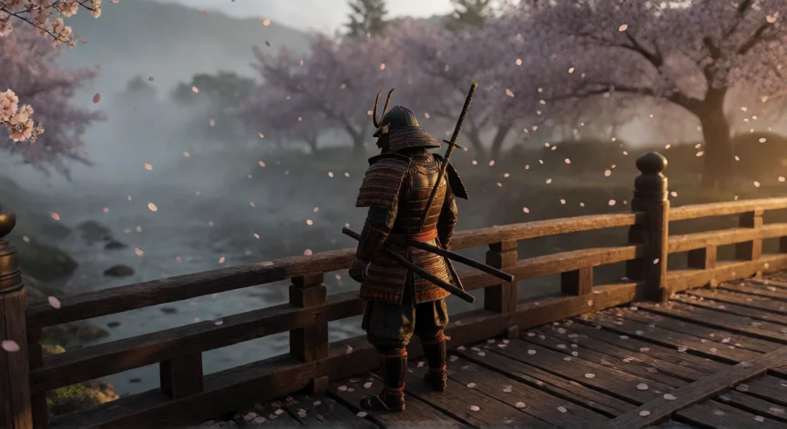 consejos para jugar sekiro, Samurai solitario en un puente de madera entre niebla y cerezos en flor