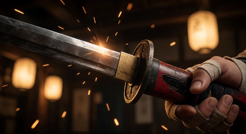 consejos para jugar sekiro, Primer plano de una katana en el momento de la desviación con chispas