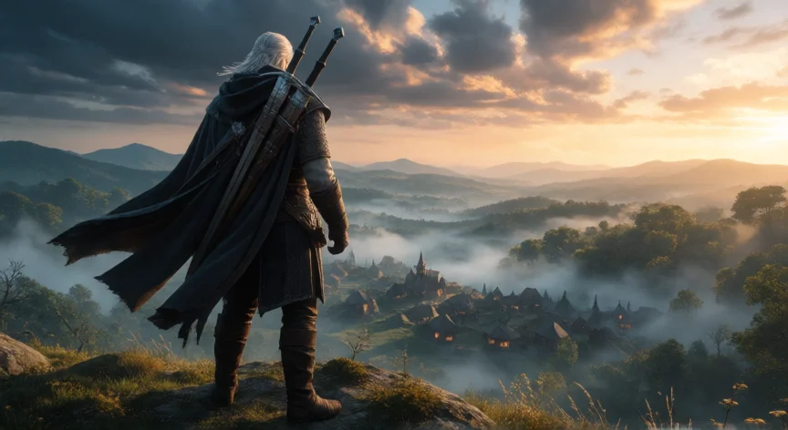 consejos para jugar the witcher 3, Brujo de espaldas en una colina mirando el paisaje medieval al amanecer