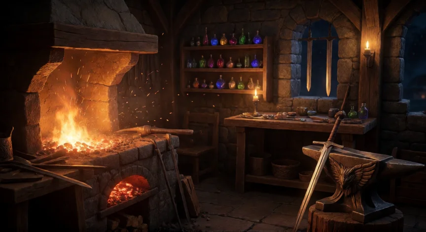 consejos para jugar the witcher 3, Forja medieval con espada en la yunque y pociones en estantes