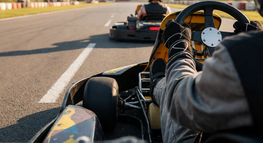 consejos para karting, Vista trasera de un kart en recta mostrando desgaste de neumáticos y posición de manos