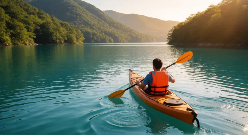 consejos para kayak, Persona haciendo kayak en un lago tranquilo rodeado de montañas al atardecer