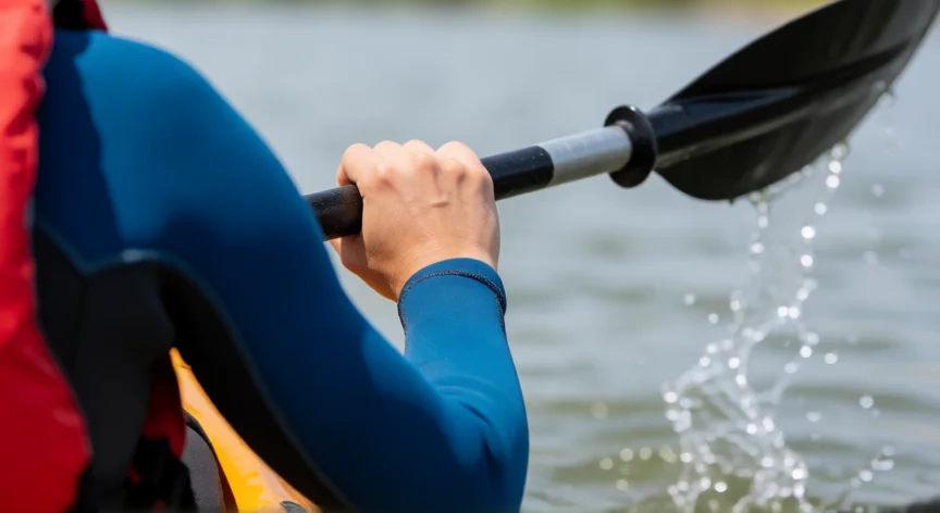 consejos para kayak, Manos sujetando la pala de kayak con técnica correcta de agarre