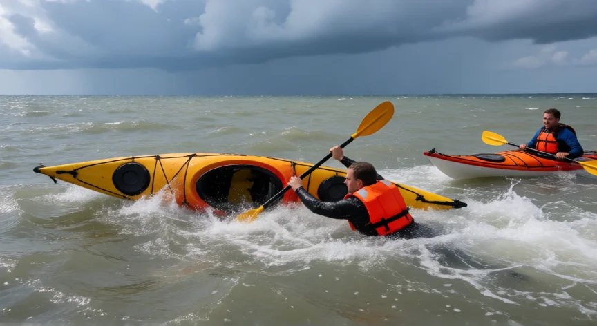 consejos para kayak en el mar, Kayakista en el agua realizando reentrada en su kayak volcado con ayuda de un compañero
