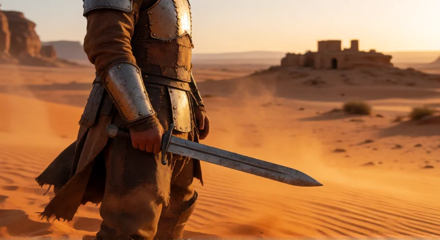 consejos para kenshi, Guerrero solitario con espada en un desierto árido al atardecer en estilo Kenshi