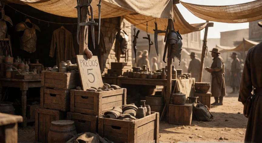 consejos para kenshi, Mercado fronterizo con armas y provisiones a la venta en estilo Kenshi