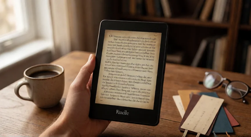 consejos para kindle, Manos sosteniendo un Kindle con tema sepia activo sobre un escritorio de madera