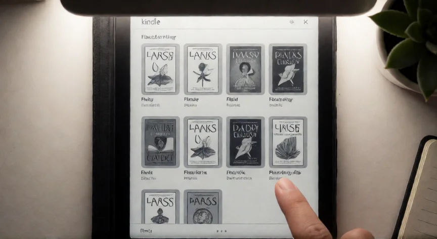 consejos para kindle, Pantalla de biblioteca del Kindle con carpetas organizadas y portadas de libros