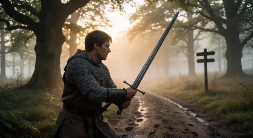 consejos para kingdom come deliverance, Herrero joven con espada en postura defensiva en un bosque medievale bohemio al amanecer
