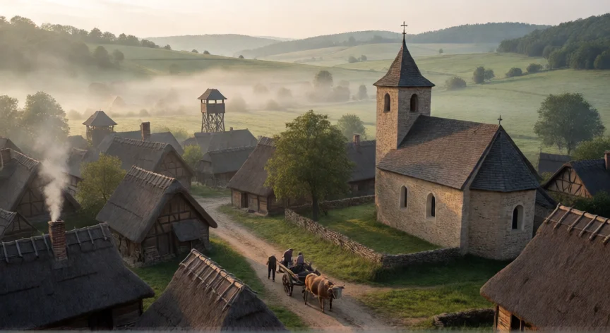 consejos para kingdom come deliverance 2, Vista aérea de un pueblo medieval bohemio al amanecer con colinas verdes