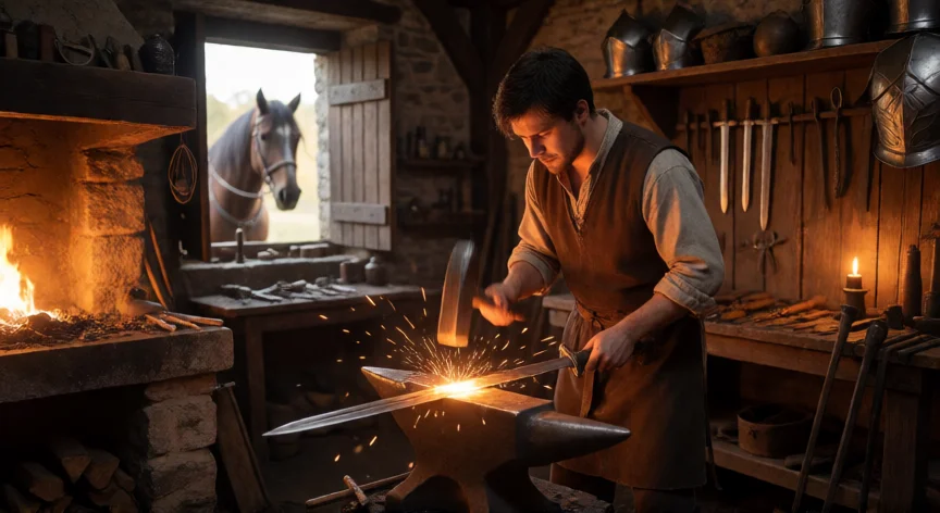 consejos para kingdom come deliverance, Interior de una herrera medieval con un joven forjando una espada junto a la fragua