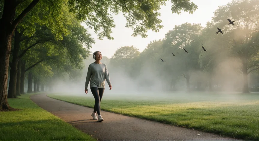 consejos para la ansiedad, Persona caminando por un parque arbolado en la mañana para reducir la ansiedad