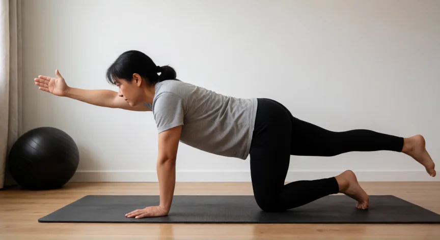 consejos para la ciatica, Ejercicio bird-dog en cuadrupedia para fortalecer el core y prevenir la ciática