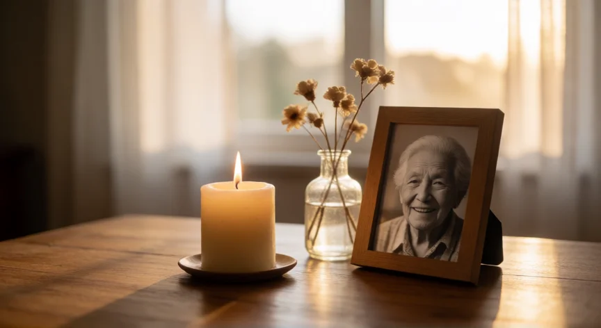 consejos para la perdida de un ser querido, Vela encendida junto a una fotografía enmarcada de un ser querido en una mesa de madera