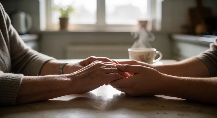 consejos para la perdida de un ser querido, Dos manos entrelazadas sobre una mesa de cocina con luz de mañana, símbolo de apoyo en el duelo
