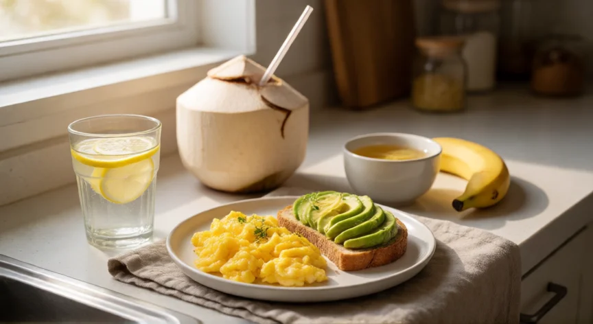 consejos para la resaca, Mesa de desayuno con agua con limón, huevo, aguacate y jengibre para aliviar la resaca