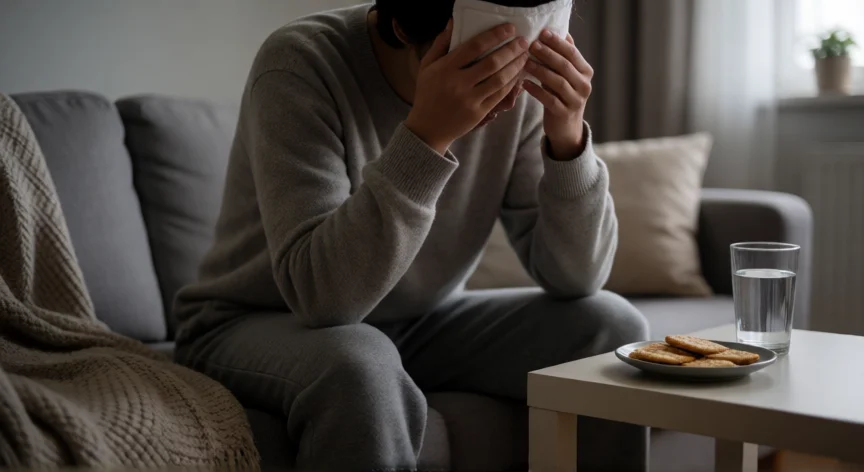 consejos para la resaca, Persona descansando en el sofá con una compresa fría en la frente para aliviar el dolor de cabeza