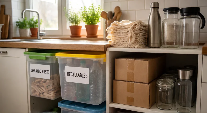 consejos para las 3 r, Mesa de cocina con contenedores de las 3R: reducir, reutilizar y reciclar en el hogar
