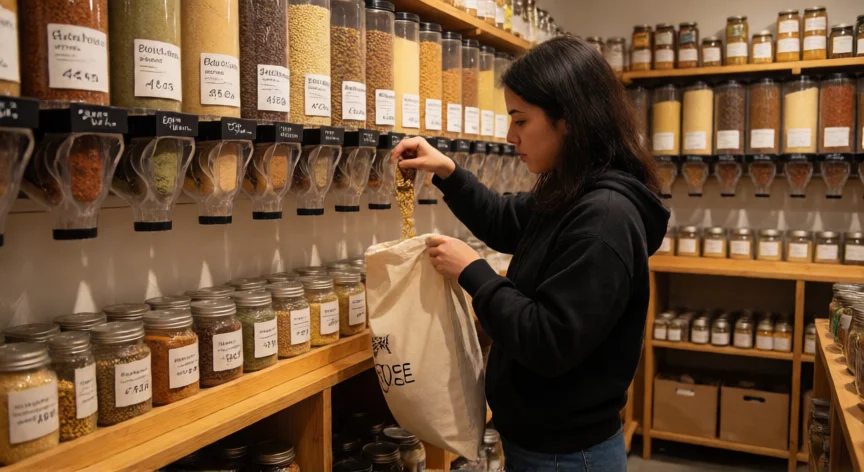 consejos para las 3 r, Mujer comprando a granel en tienda zero-waste aplicando las 3R del consumo responsable