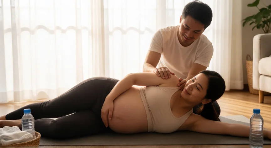 consejos para las 37 semanas de embarazo, Ejercicio suave de estiramiento prenatal en pareja durante el tercer trimestre